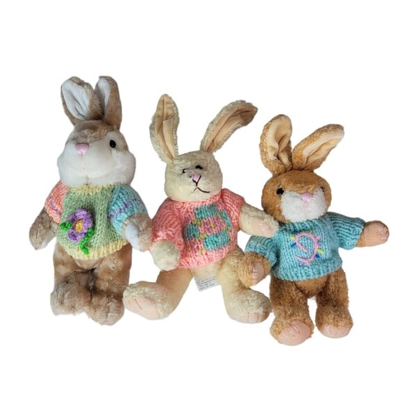 Chrisha Playful Easter Rabbit Bunny Plush Lot of 3 9.5" Chunky Sweater VTG 1997 - Picture 1 of 12